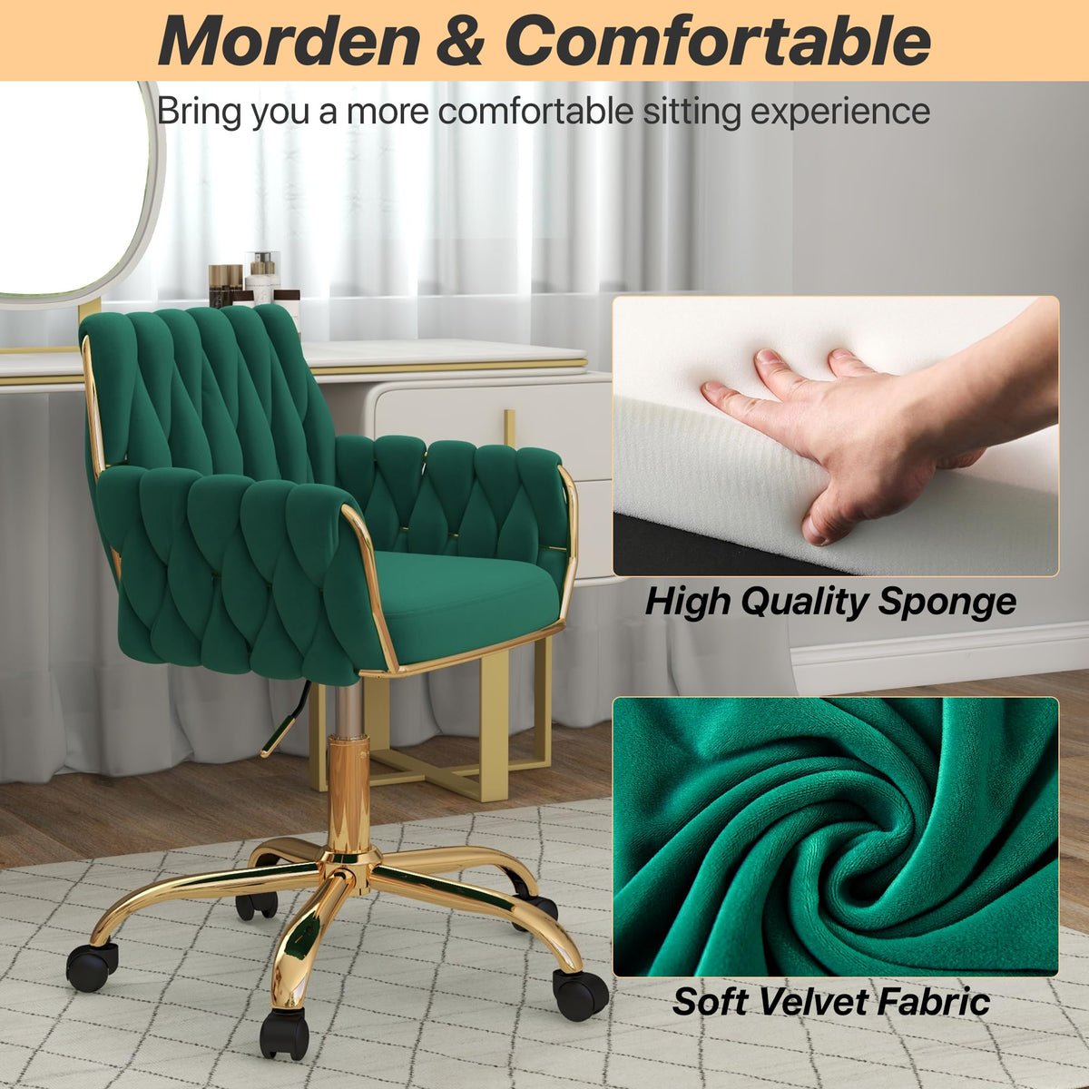 Green Velvet Height Adjustable Swivel Office Chair M749937