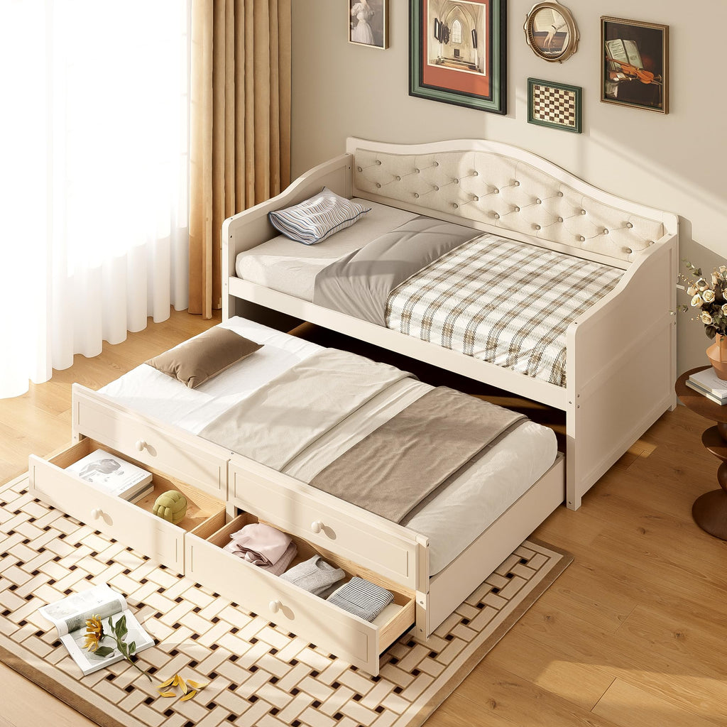 Beige Twin Size Wooden Daybed with Trundle and 2 Drawers C2649