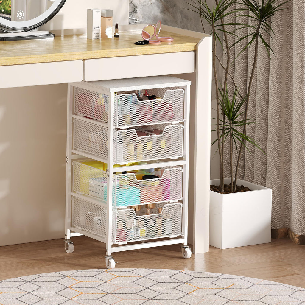 White 4 Drawer Rolling Storage Cart with Wooden Top B224