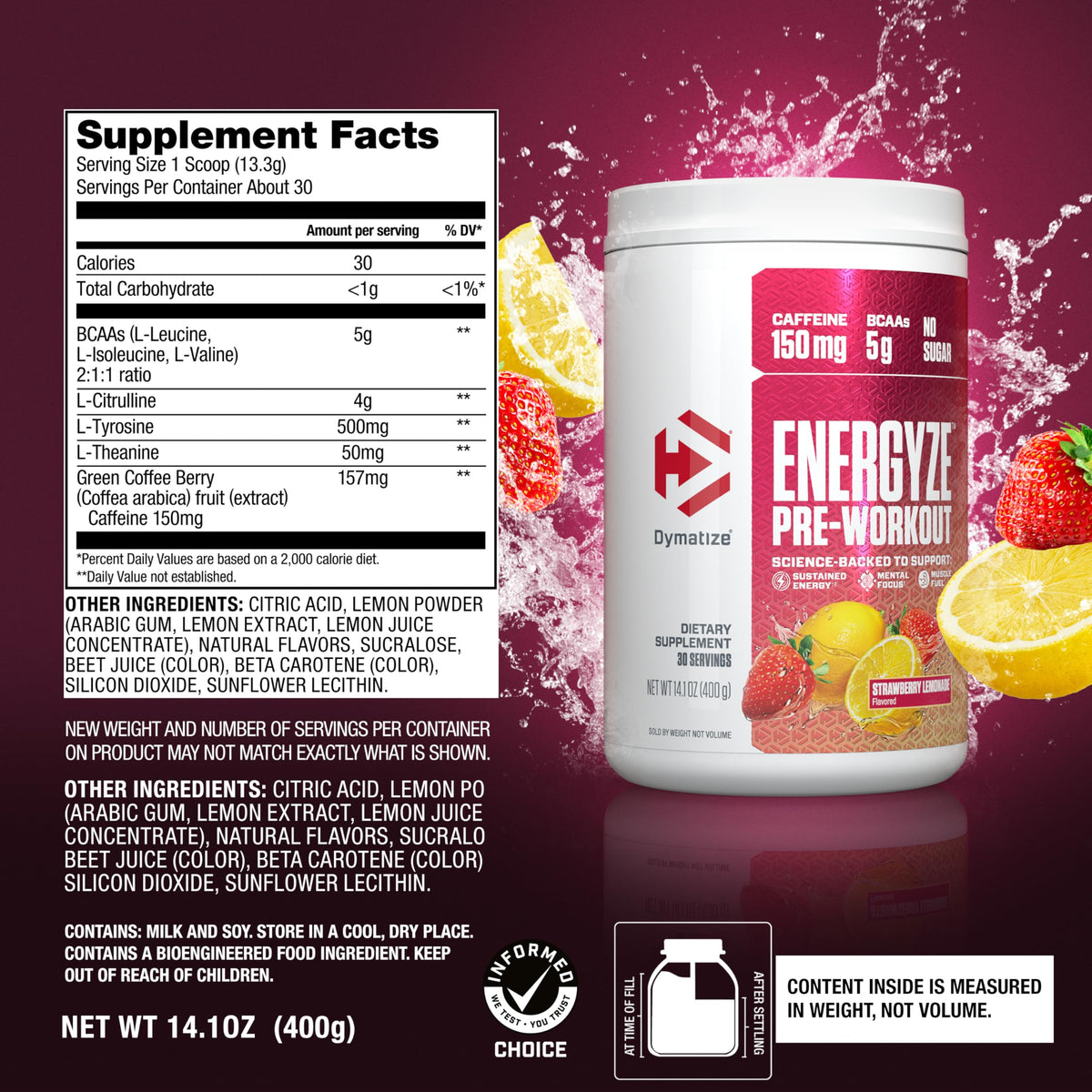Pre Workout Powder Strawberry Lemonade 150mg Caffeine 5g BCAAs 30 Servings V63056
