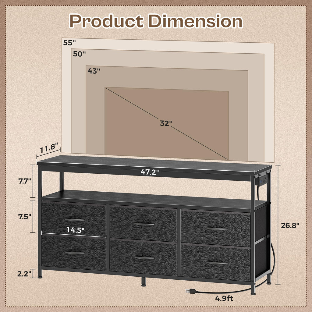 Black 47 Inch 6 Drawer TV Stand with Power Outlets M11542