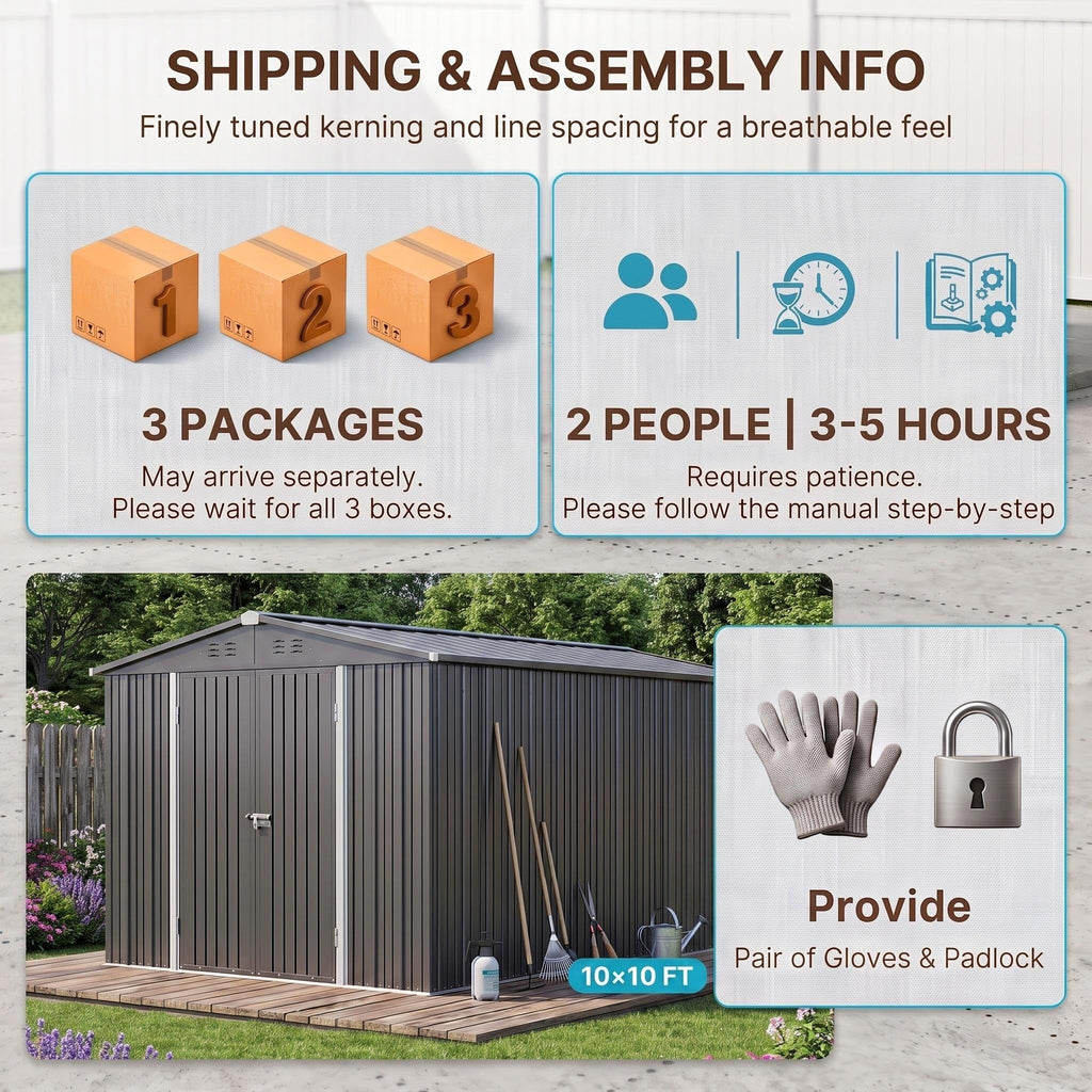 10x10 FT Metal Heavy-Duty Outdoor Storage Shed A326