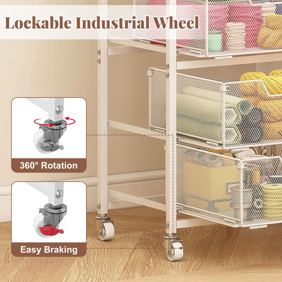 White 4 Drawer Rolling Storage Cart with Wooden Top B224