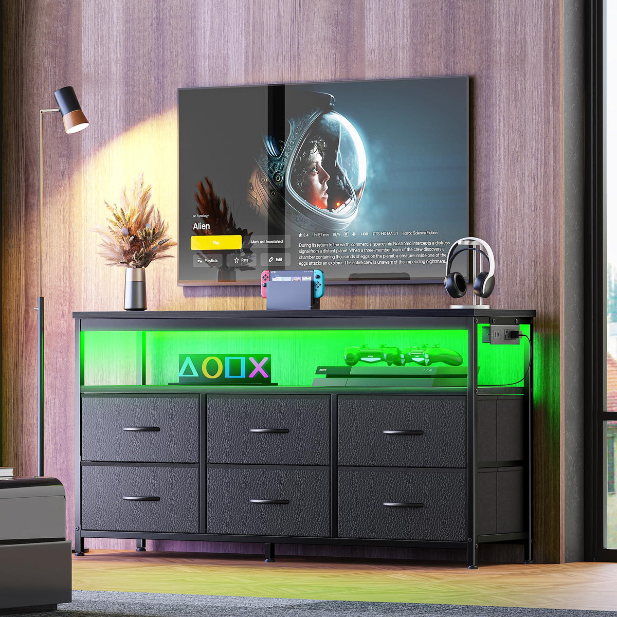 Black 47 Inch 6 Drawer TV Stand with Power Outlets M11542