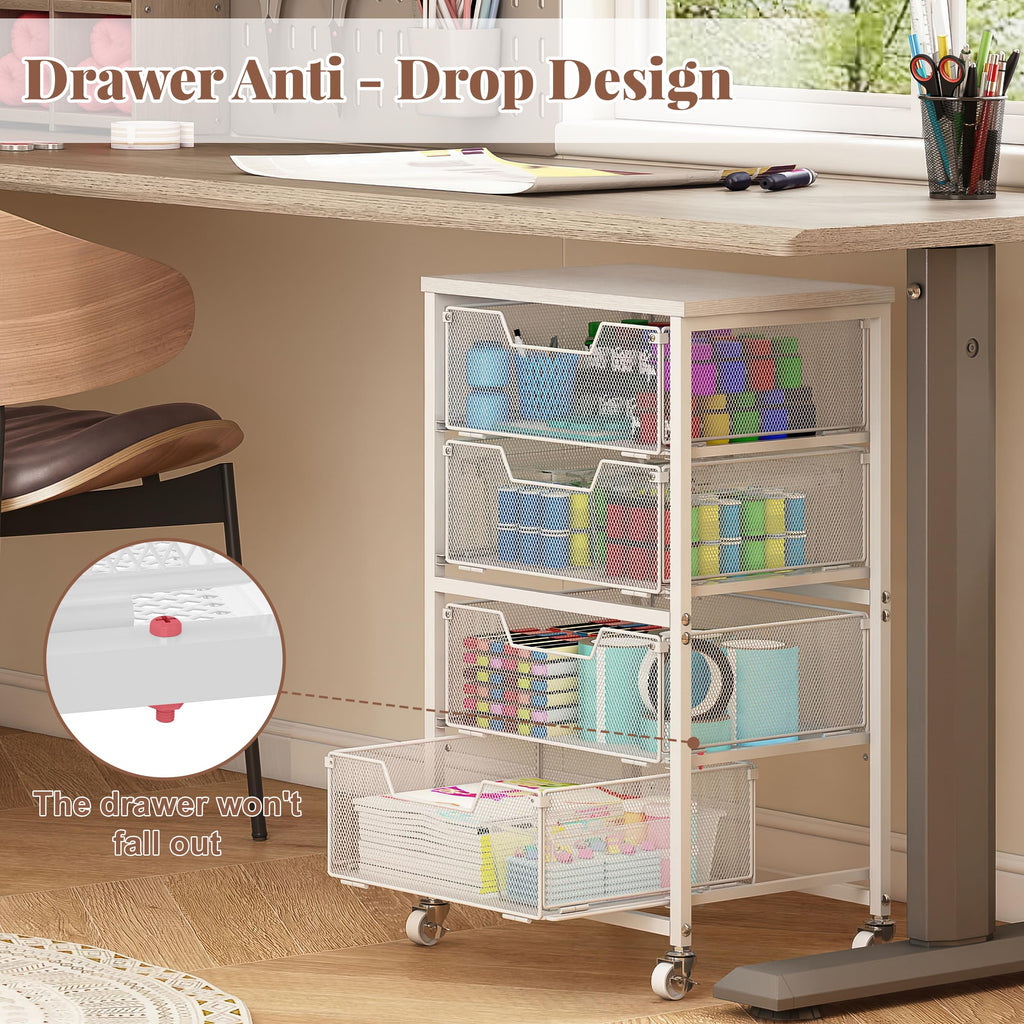 White 4 Drawer Rolling Storage Cart with Wooden Top B224