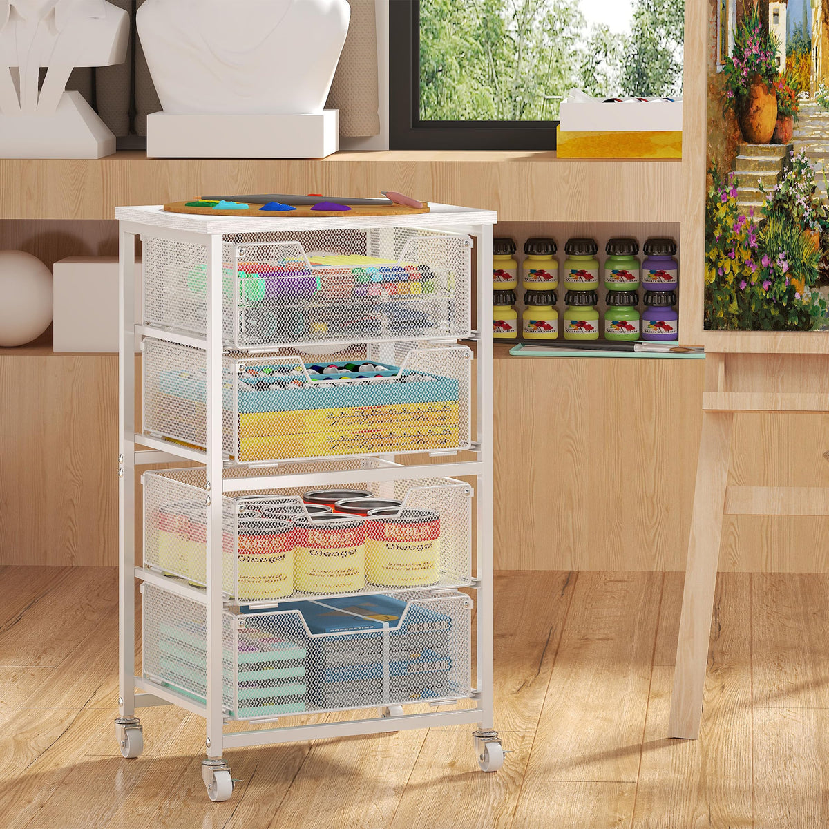 White 4 Drawer Rolling Storage Cart with Wooden Top B224